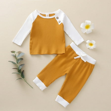 

Augper Toddler Pajamas Fall Winter Clearance Newborn Baby Boys Girls Solid Knitted Tops+ Lacing Pants Pajamas Sleepwear Sets Yellow