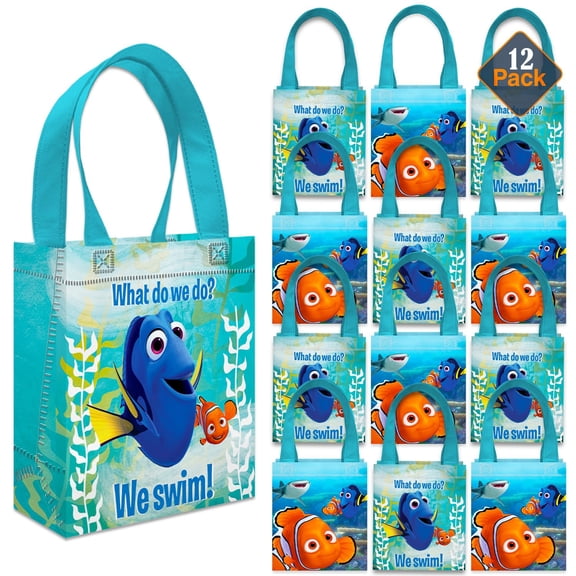Finding Nemo Party Favor Bags Set – 12 Pack 8" Disney Goodie Bags for Kids Bulk Reusable Mini Totes | Disney Finding Nemo Birthday Party Supplies
