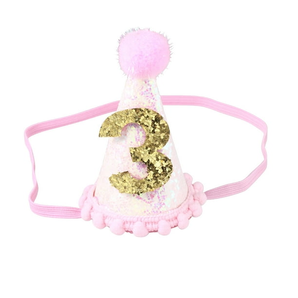 KAKOWELY 1 gorro de cumpleaños para bebé, accesorio para fotos, accesorios para el cabello, gorro con purpurina (rosa, para niños de tres años)