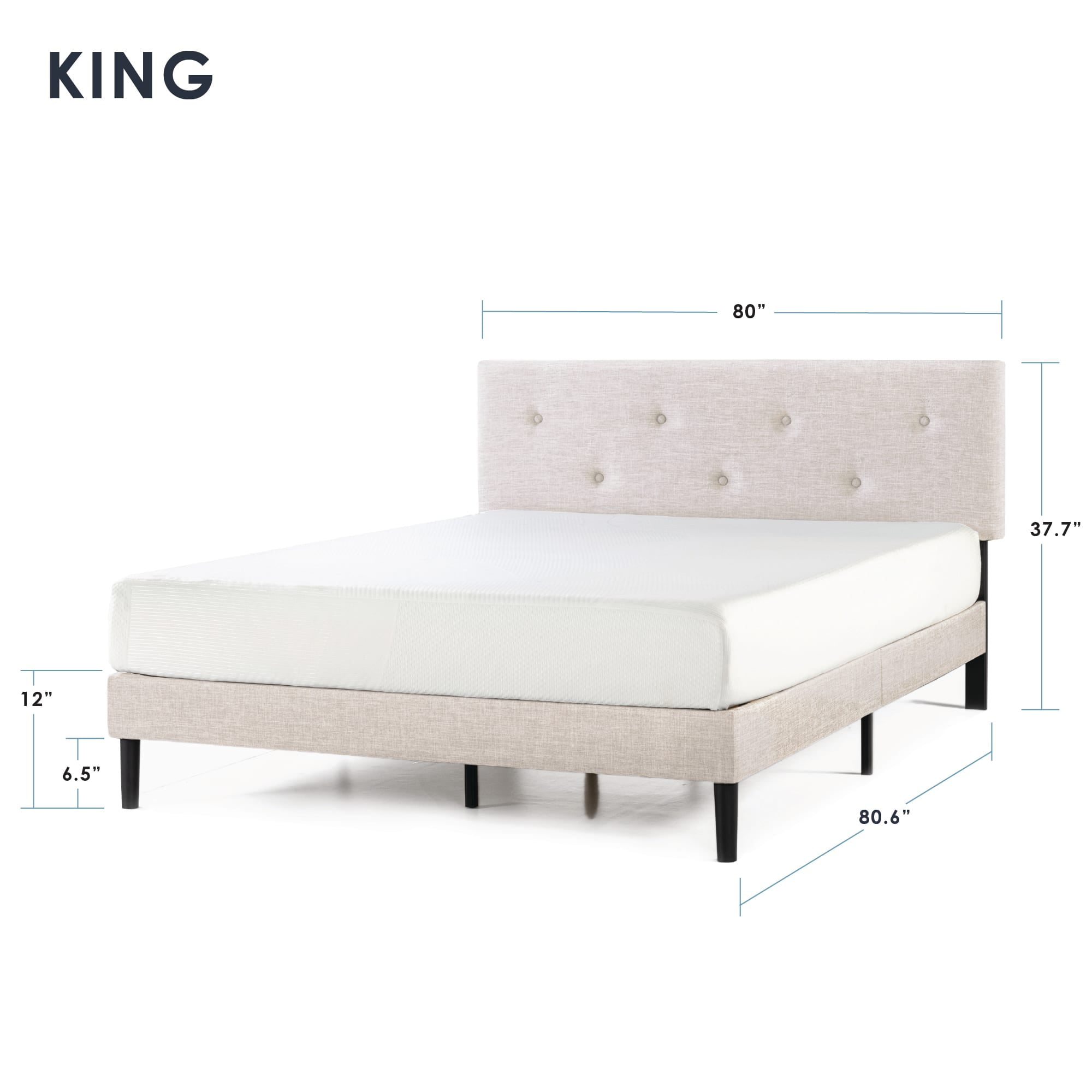 Mellow Alva Upholstered Platform Bed Frame with Headboard, Ivory, King