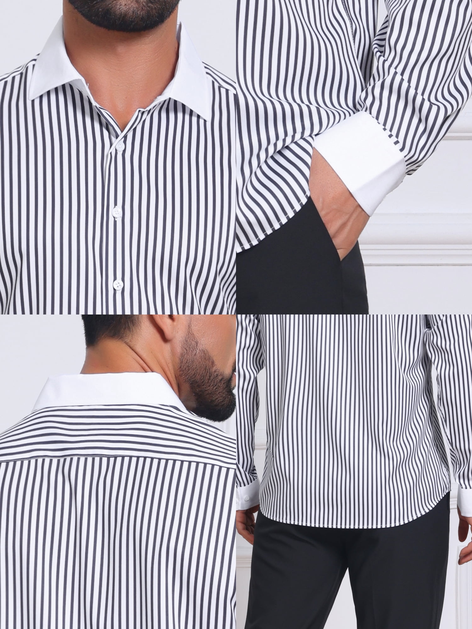 DARING DIVA Men's Striped Button Down Long Sleeve Stretch Shirts L Black