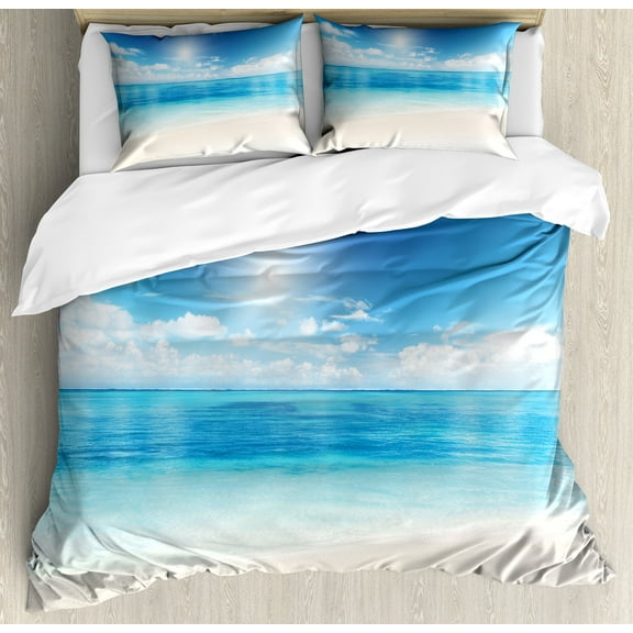 Ocean Duvet Cover Set, Beach View from Caribbean Sea in a Sunny Day Exotic Summer Season Print, Decorative 3 Piece Bedding Set with 2 Pillow Shams, Calking Size, Cream Turquoise White, by Ambesonne