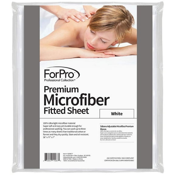 ForPro Professional Collection Premium Microfiber Fitted Sheet, Ultra-Light, Stain and Wrinkle-Resistant for Massage Tables, White, 36w x 77l x 7h