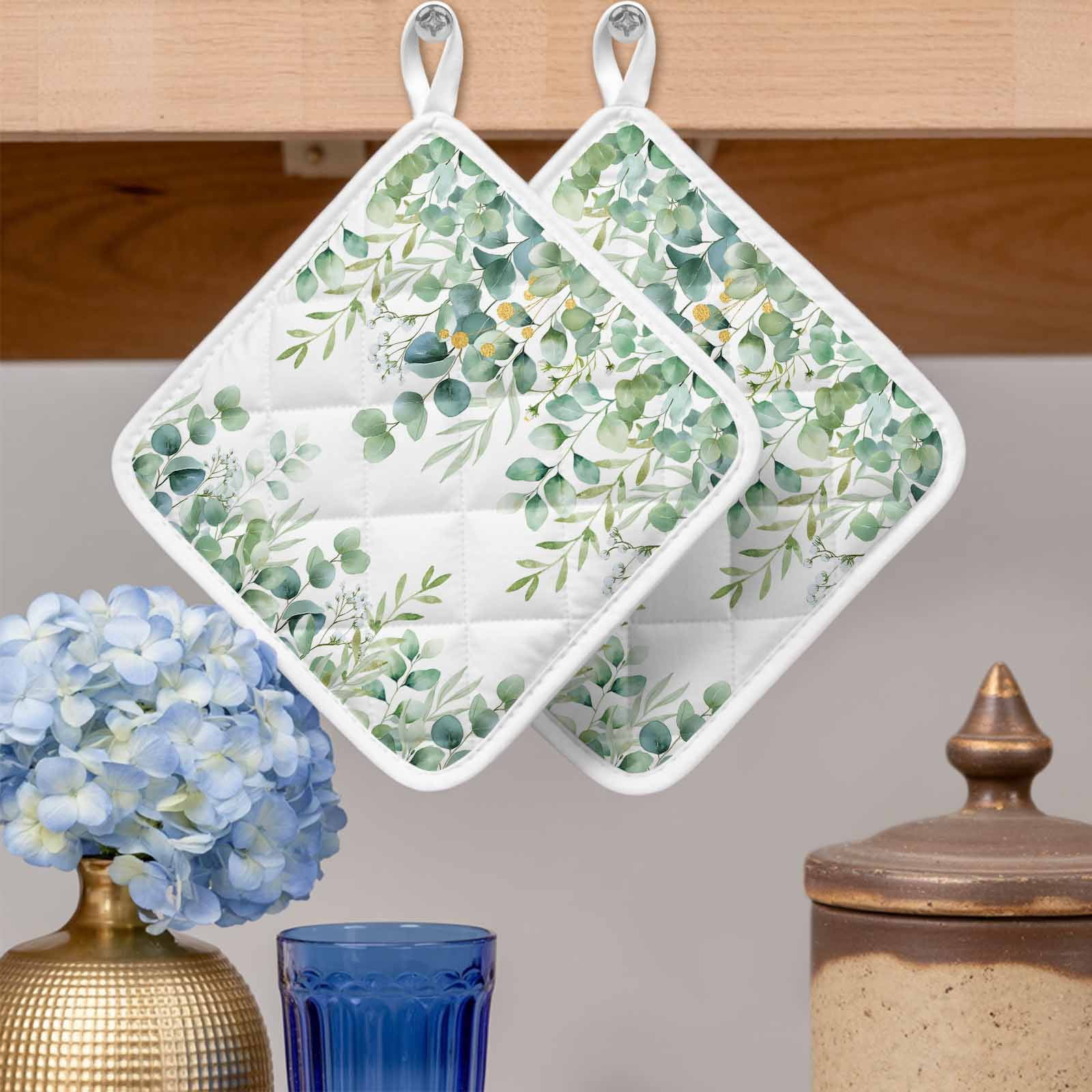 Sage Green Eucalyptus Leaves Pot Holders for Kitchen Heatproof Potholder, 4 Pack Spring Summer Botanical Hot Pads Multipurpose Oven Pads Cloth Potholders Trivet for Cooking and Baking