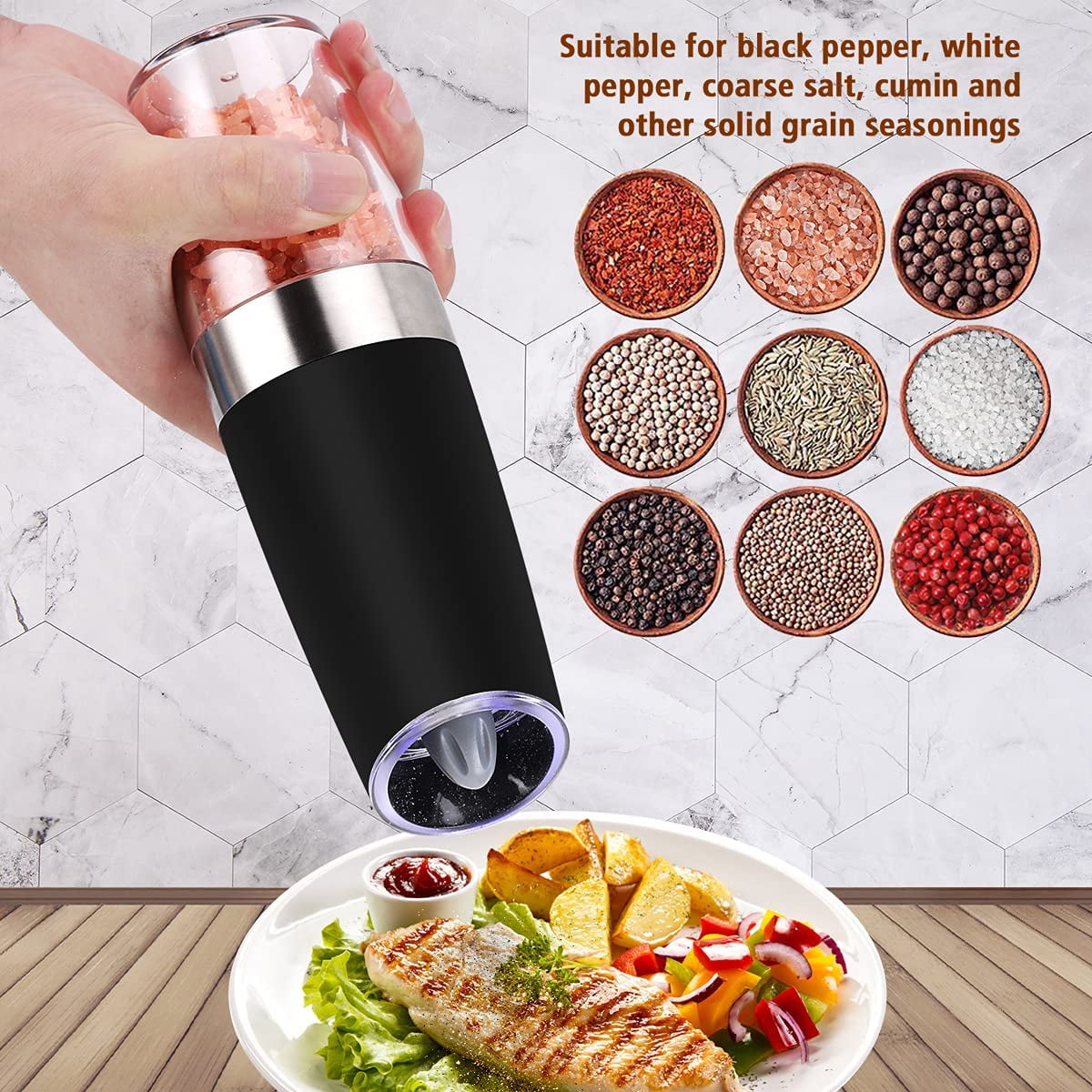 2xAdjustable Gravity Electric Salt and Pepper Grinder Set LED Salt