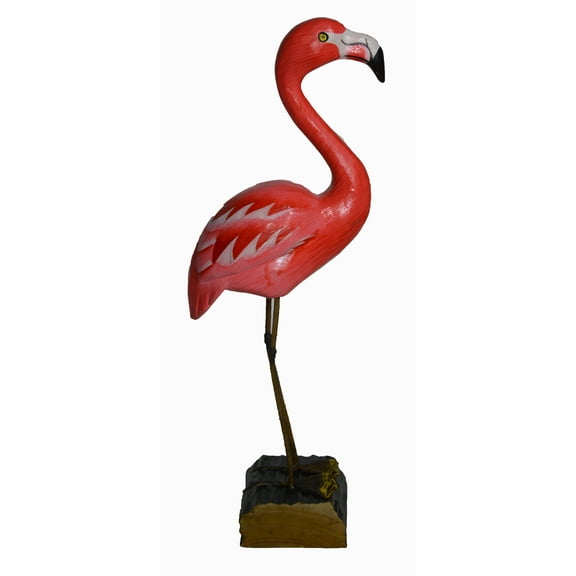 16" Hand Carved Beautiful Wood Pink Flamingo Bird Sculpture Tropical Home Decor Decoy Vintage Style Wood Replica Life-Like Figurine