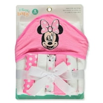 Disney Baby Minnie Mouse Hooded Towel with 5 Piece Washcloth Set, Cute Face Print, GS71797