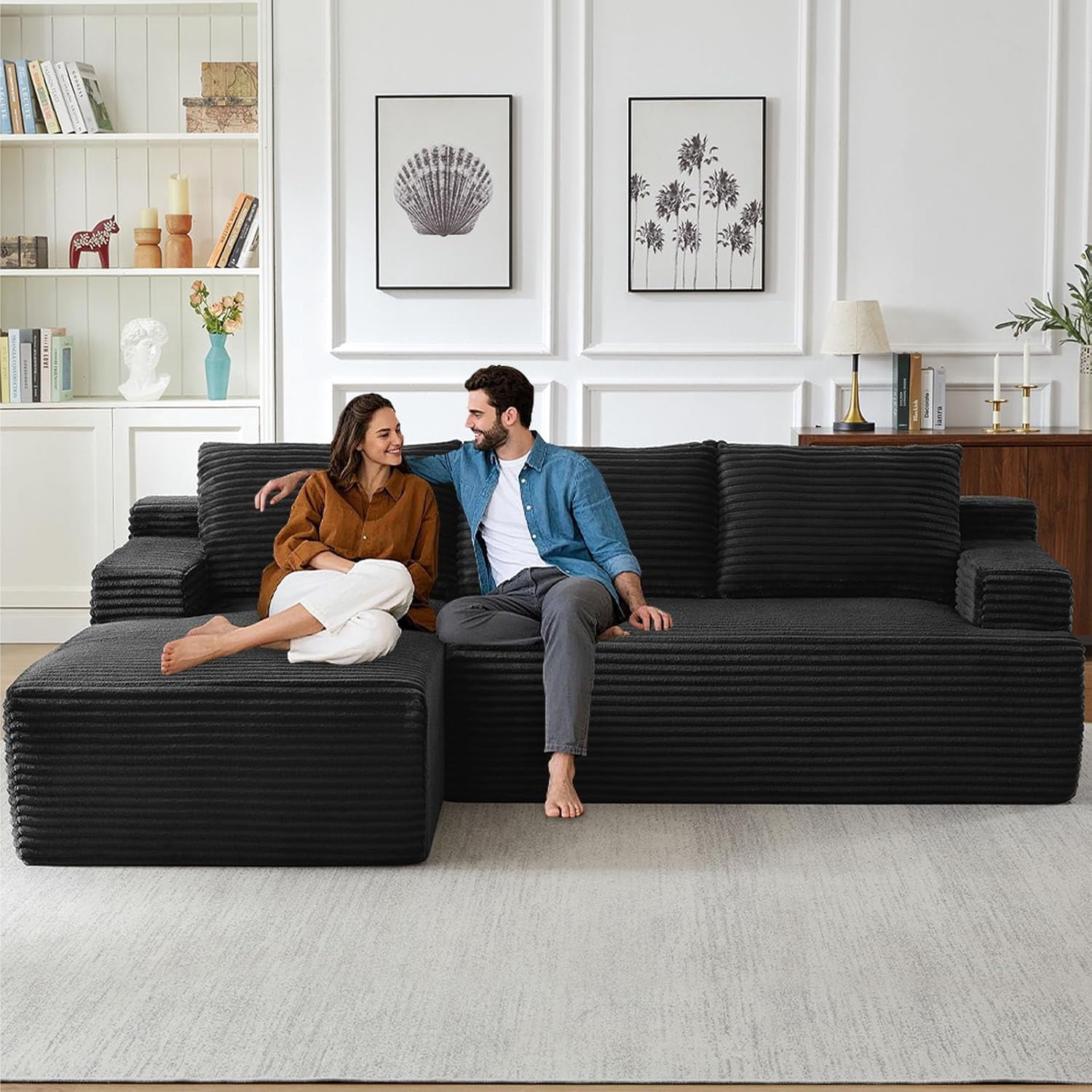 96" Boneless Cloud Couch with Chaise, Modular Sectional Sofa for Living Room, No Assembly Required, Deep Seat Corduroy Couch, Black