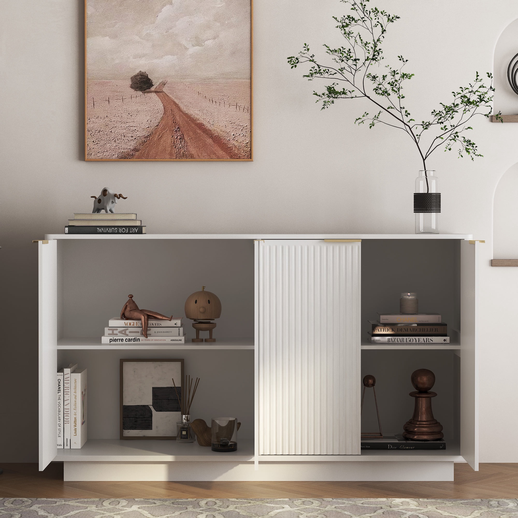 PORKISS 55.1" Fluted Sideboard, Modern Wood Buffet Cabinet with Storage, Accent Cabinet with Adjustable Shelves for Dining Room, Living Room & Entryway, White