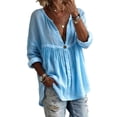 thumbnail image 2 of Women's Henley V Neck Linen Blouse Boho Solid Long Sleeve Loose Tunic Tops Casual Comfy Shirt for Summer Vacation Blue L, 2 of 3
