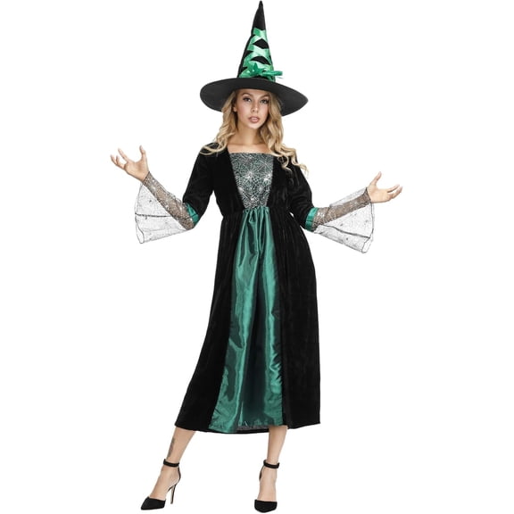 Halloween Witch Costume for Women, Halloween Gothic Witch Dresses for Fancy Dress Party Green S