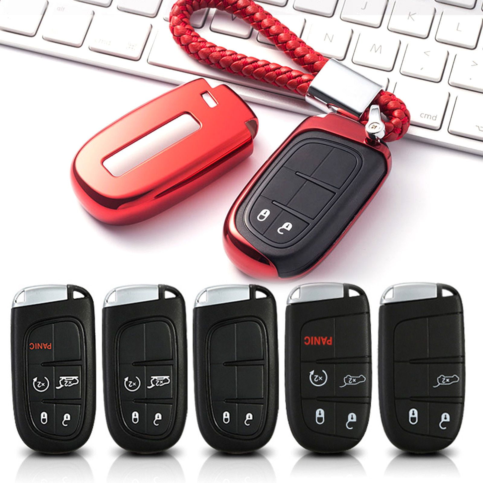 Red Leather Button Paint Plastic Smart  Key Cover Fob for Dodge Chrysler Jeep 