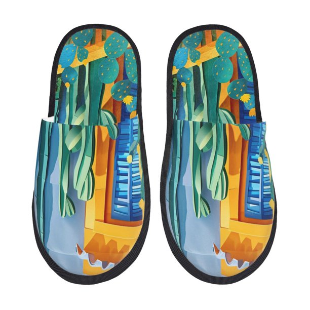 Balery Bright Paper Cactus Scene Pantuflas de Casa de Felpa Silenciosas con Diseño Estampado, Zapatillas Cómodas Antideslizantes de Algodón para Interior-Large