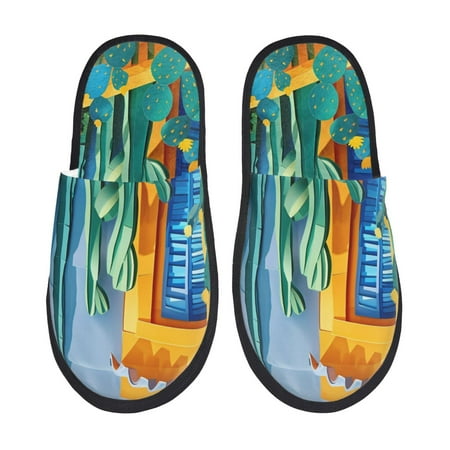 

Qokaie Bright Paper Cactus Scene Print Fuzzy Slippers for Women – Soft Plush Indoor Slippers with EVA Sole Cozy and Comfortable for Home and Travel-Large