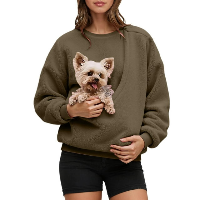 GPOECD Chandail Molletonné Sans Capuche pour Femmes avec Poche avant, à Bretelles, pour Petits et Chats, Chandail à Col Rond Doux et Confortable 03_Brown,TG