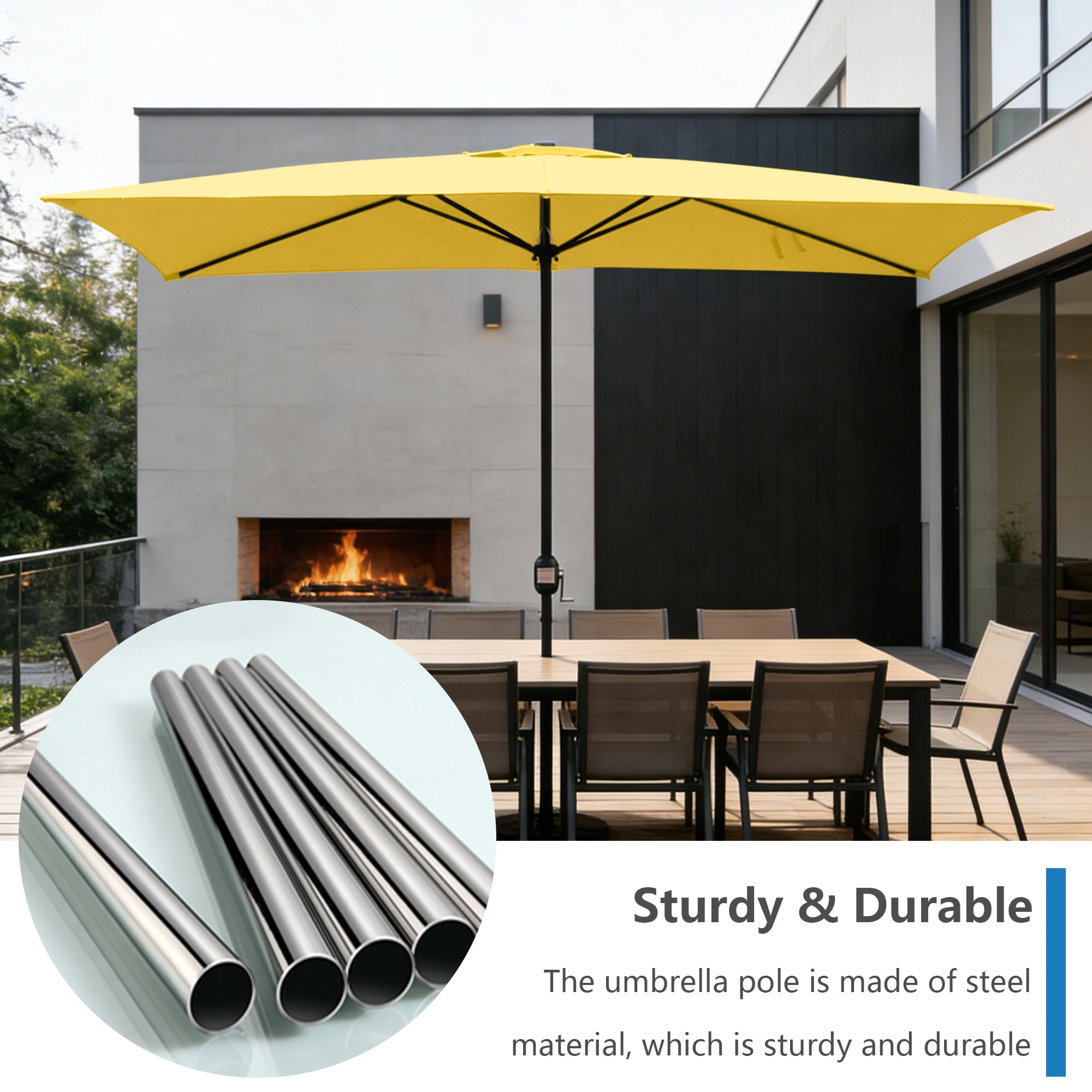 Abble 10x6.5ft Rectangular Patio Umbrella with Crank Handle, Outdoor Market Umbrella with 6 Sturdy Umbrella Ribs, Waterproof, Yellow