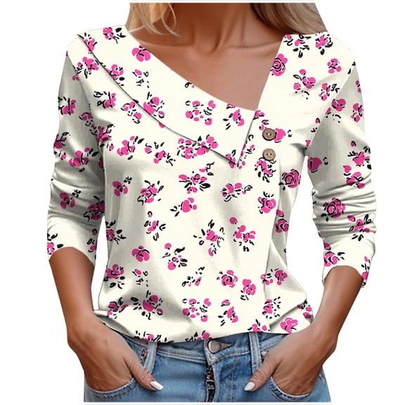 jobturf Women Floral Graphic Shirts Asymmetrical Collar V Neck Long Sleeve T Shirt Loose Fit Casual Basic Fall Tops XXL