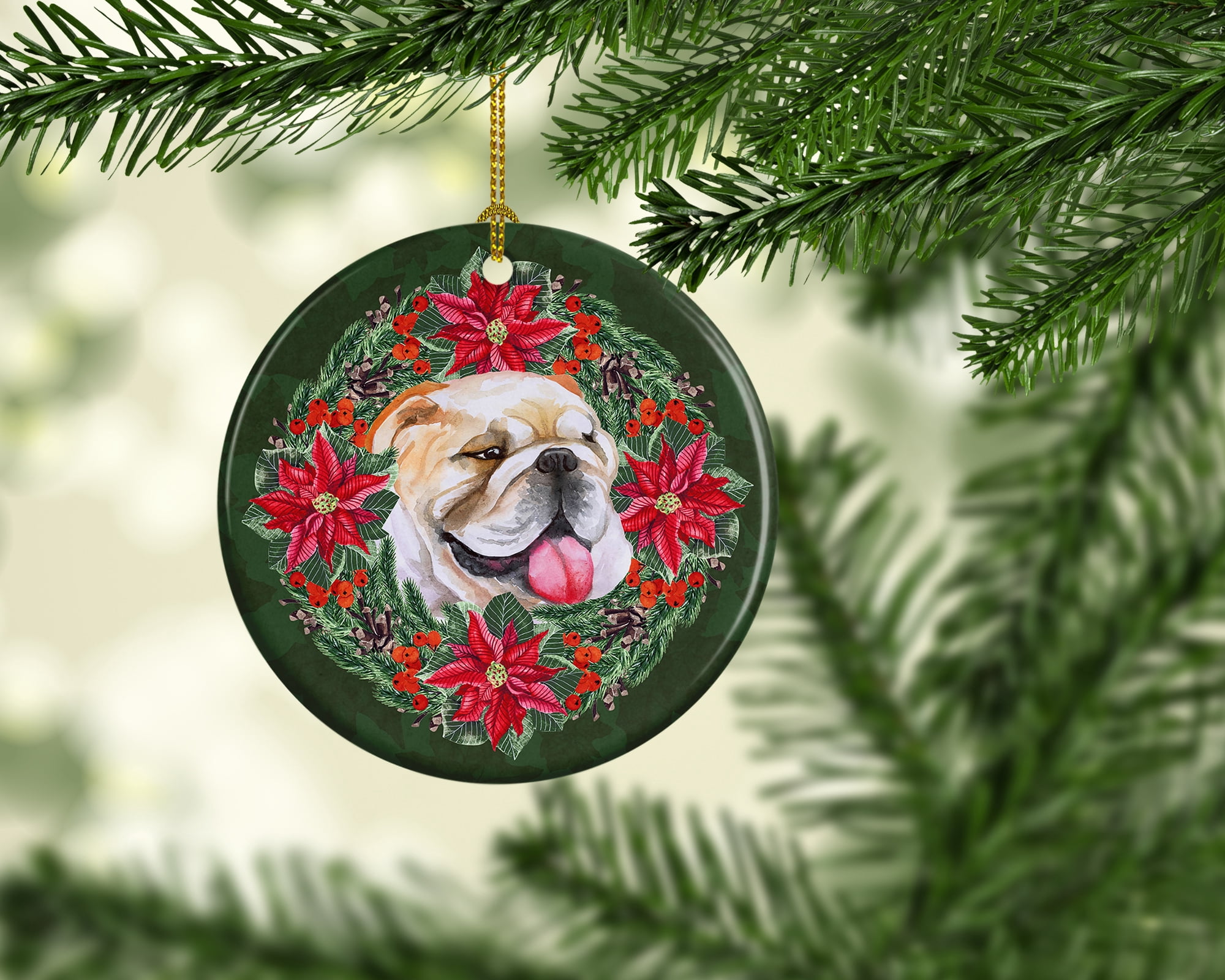English Bulldog Poinsetta Wreath Ceramic Ornament 2.8 in x 2.8 in