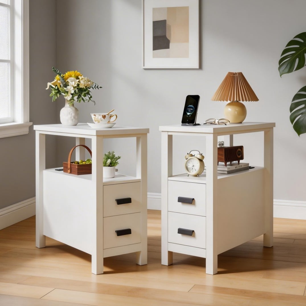 End Table with Charging Station, 2 USB Ports & 2 Outlets, 2-Drawer Nightstand, Small Wood Bedside Table, Rustic Side Table for Bedroom & Office, White