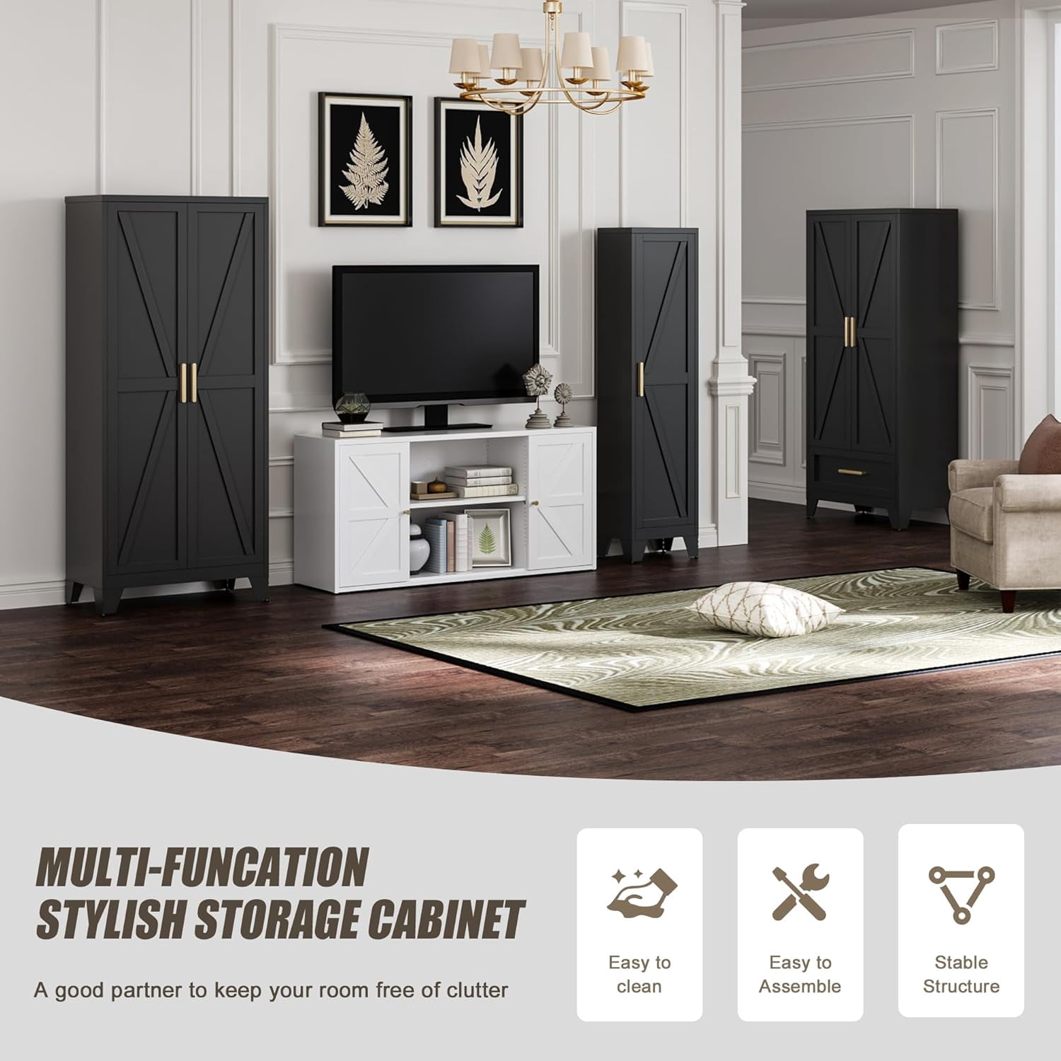 Elegant 67"H Tall Bathroom Cabinet,Narrow Metal Storage Cabinet with 5 Adjustable Shelves and Single Barn Door for Bathroom,Kitchen,Entryway,Black