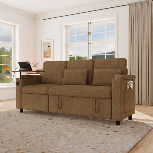 81" 3-in-1 Convertible Sofa Bed, Electric Recliner & Sleeper with Table, USB Ports, Storage Armrests, Chenille, 6 Adjustable Positions, khaki