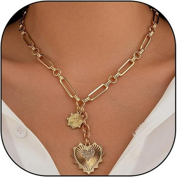 Chunky Gold Sun Heart Paperclip Choker Necklace, Cubic Zirconia Trendy Dainty Pendant Necklace, Simple Geometric Tassel Collarbone Jewelry Gift