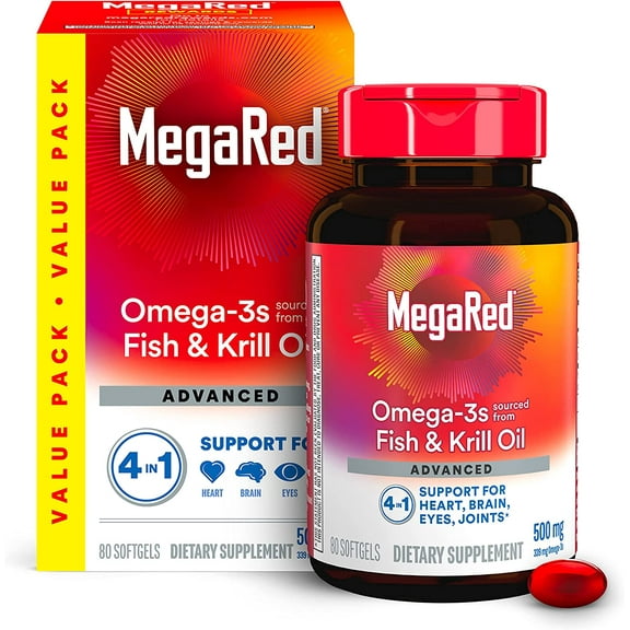 Megared Omega-3 Fish Oil   High Absorption Krill Oil 500mg Softgels, MegaRed Advanced 4in1 (80 count in a bottle) Concentrated Omega-3 Fish & Krill Oil Supplement