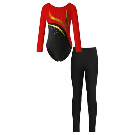 Doomiva Kids Girls Sparkly Rhinestone Long Sleeve Gymnastics Leotard Bodysuit with Leggings Set Sport Tracksuit Red&Black 6