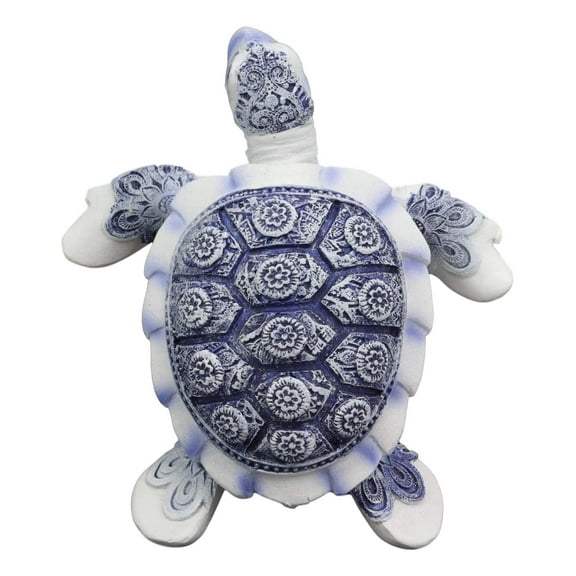 Terracotta Blue And White Feng Shui Celestial Sea Turtle Statue 4.5"W Nautical