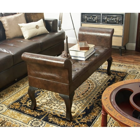 Tufted Bench Seat Decmode - 53” x 25” Tufted Brown Faux Leather Upholstered Bench Seat with Rolled Arms Silhouette ()
