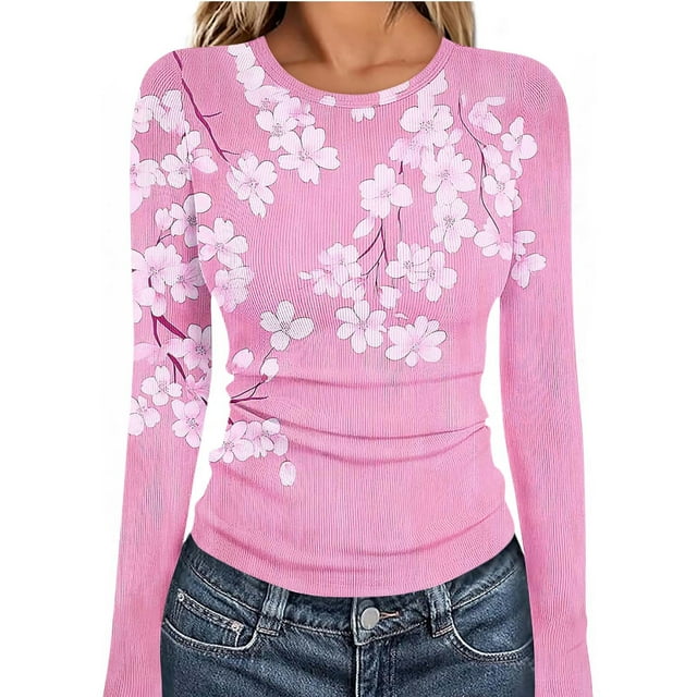 Ailaofu Hauts à Manches Longues pour Femmes Col Rond Blouse Florale Superposition Ajustée pour Sortir