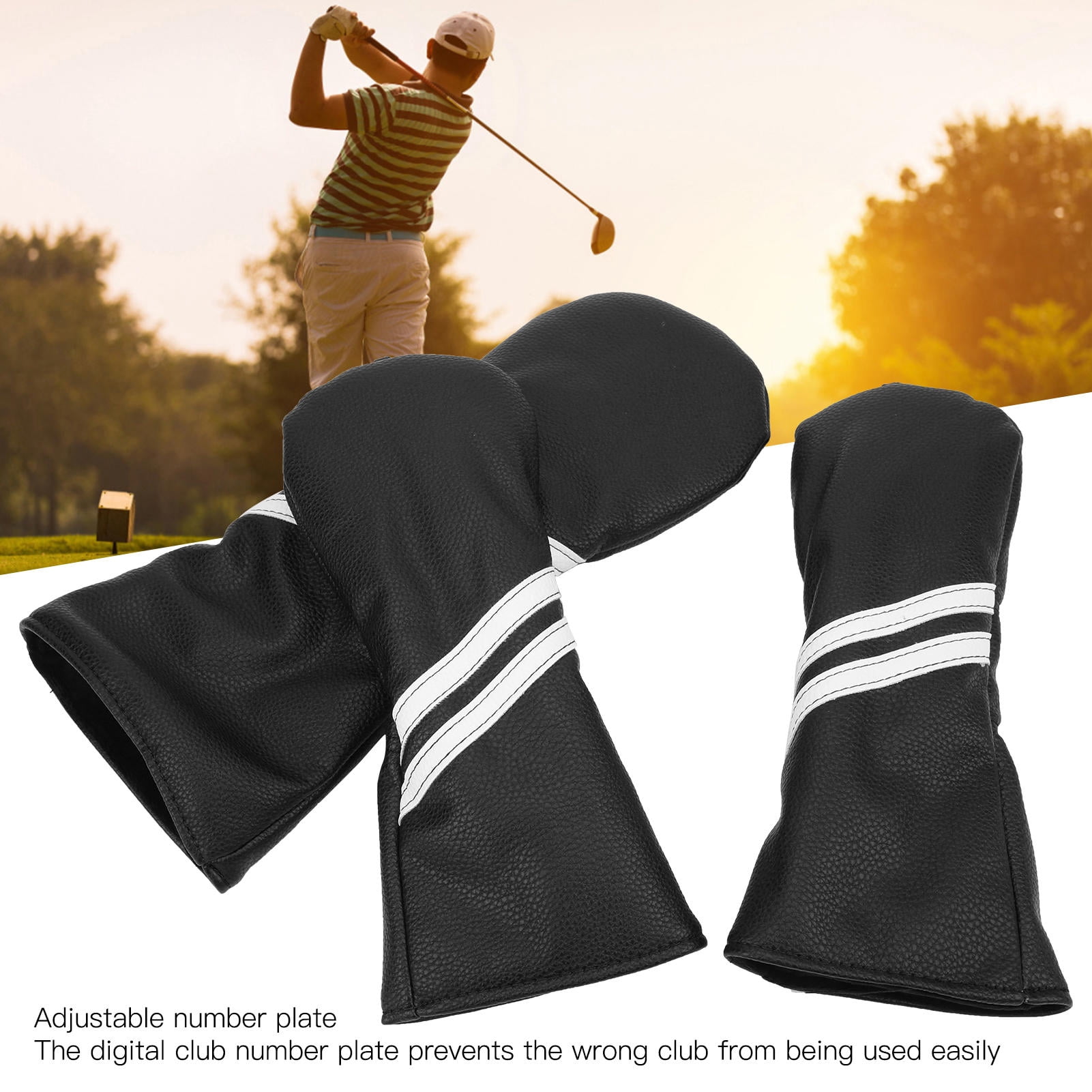 LAZIOEGR Premium PU Waterproof Golf Club Head Cover Set – Soft, Durable, Sun‑Proof, Adjustable Number Plate, 5‑Piece Black Stripe Design