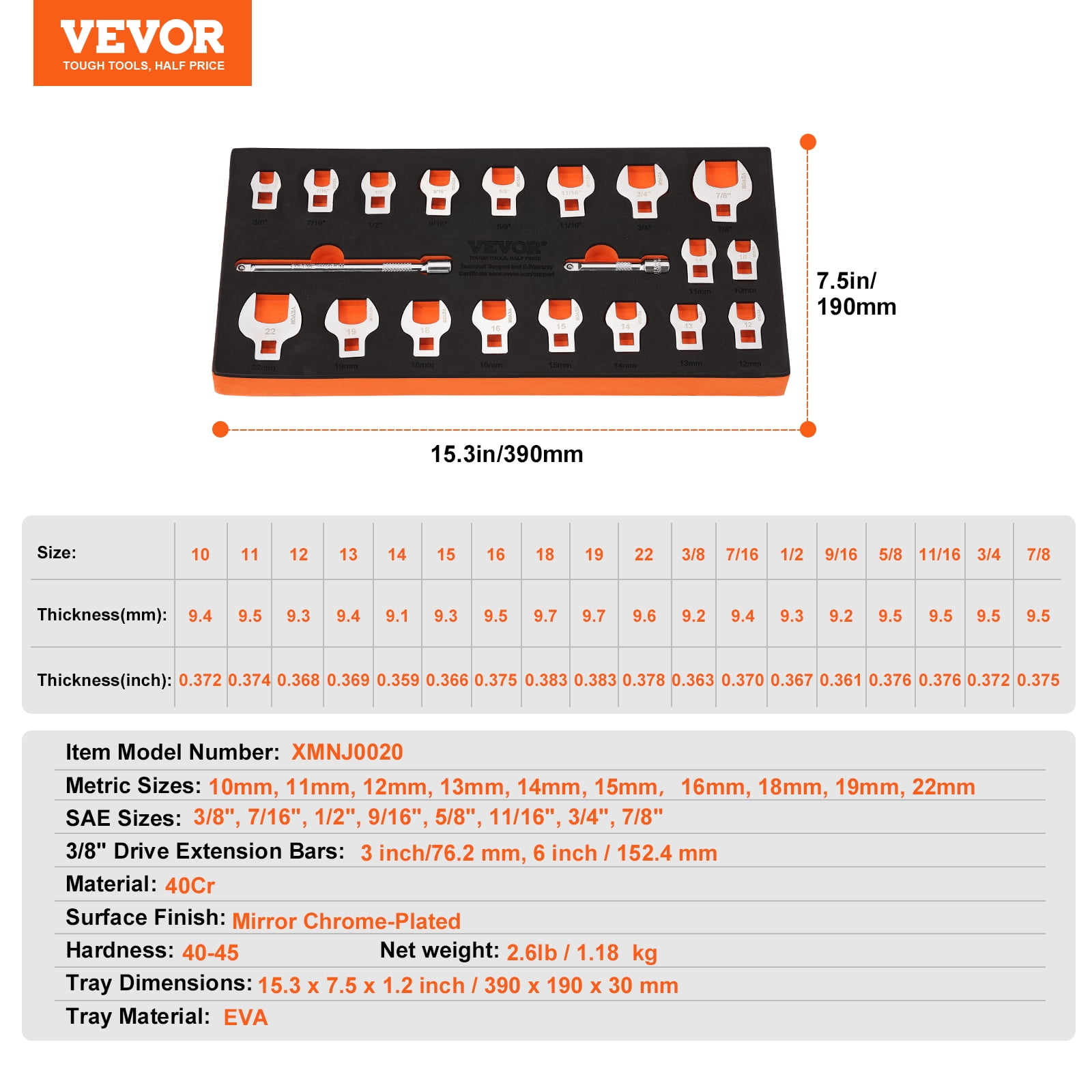 VEVOR Crowfoot Wrench Set, 3/8" Drive 20-Piece Crows Foot Wrench Set with 2 Extension Bars and EVA Tool Organizer,40CR Material with Mirror Chrome Finish, SAE 3/8"-7/8" and Metric 10-22 mm,