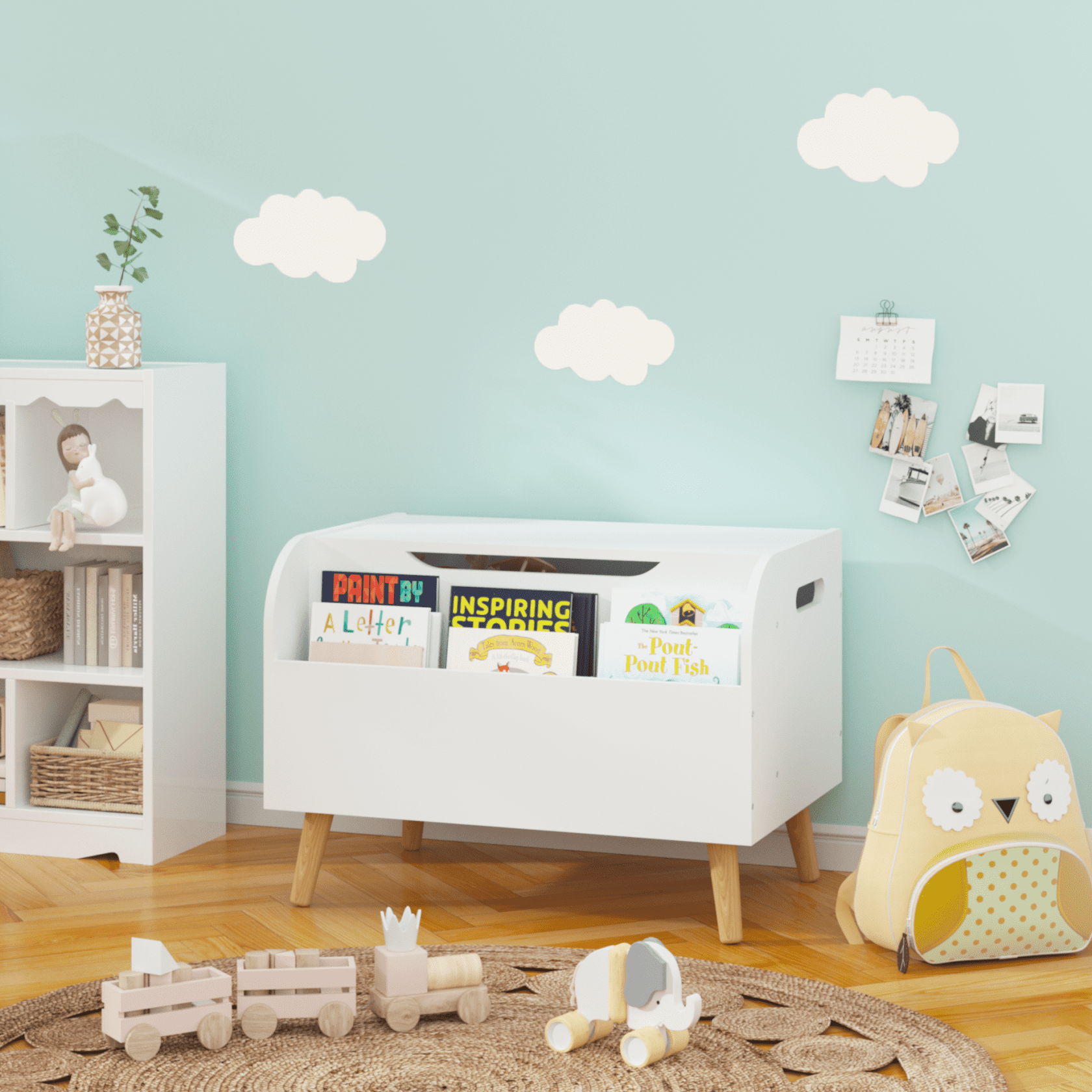 Miekor Furniture Wooden Toy Box, Kids Toy Storage Organizer with Front Bookshelf, Flip-Top Lid, Safety Hinge, Boys Girls Toy Chest Bench for Playroom Kids Room Organization (White) 08077