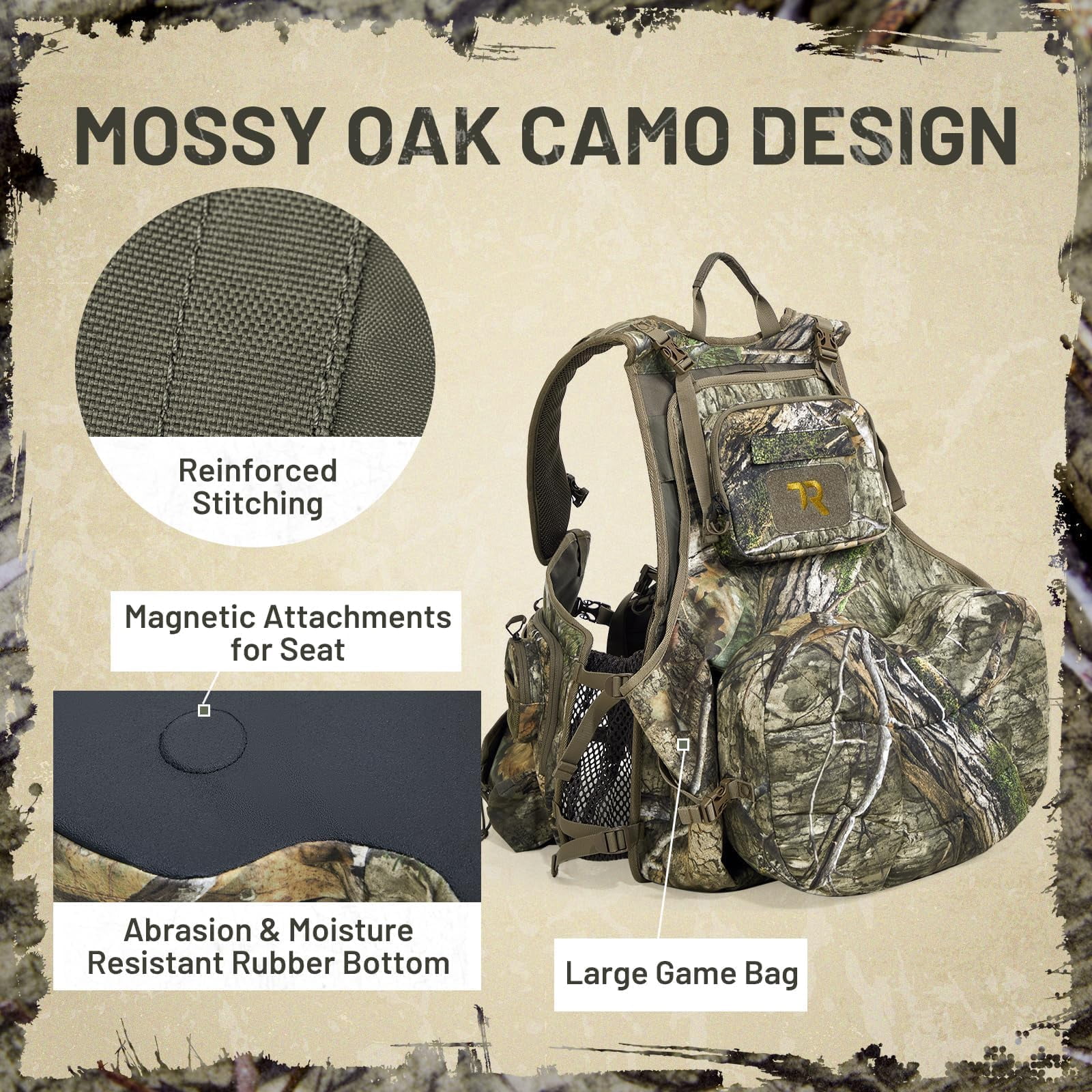 TR Turkey Vest with Seat,Turkey Hunting Vest Lightweight Run & Gun with Game Pouch, Multi-Pocket Hunting Vest with Thick Seat, for Mobile Hunters Men Women Camo