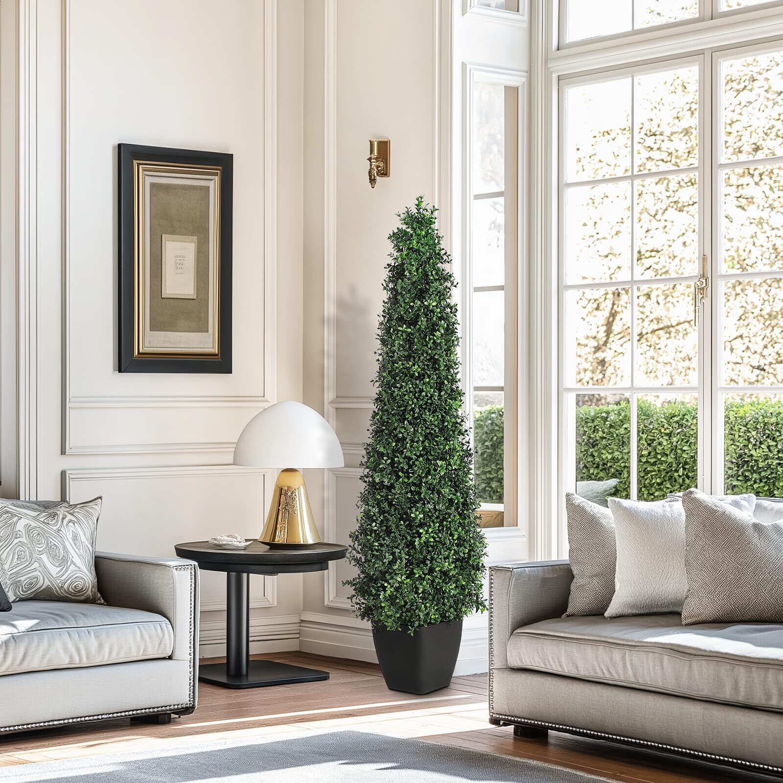 Artificial Boxwood Topiary Trees - Cone Shape Fake Plant with Modern Black Planter, 5FT Faux Outdoor Plants for Indoor Front Porch Plants Set of 2