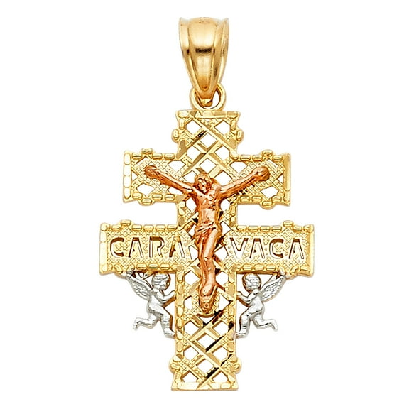 14k Tri-Color Gold Cross of Caravaca Crucifix Pendant Angels Charm Jewelry Female Unisex