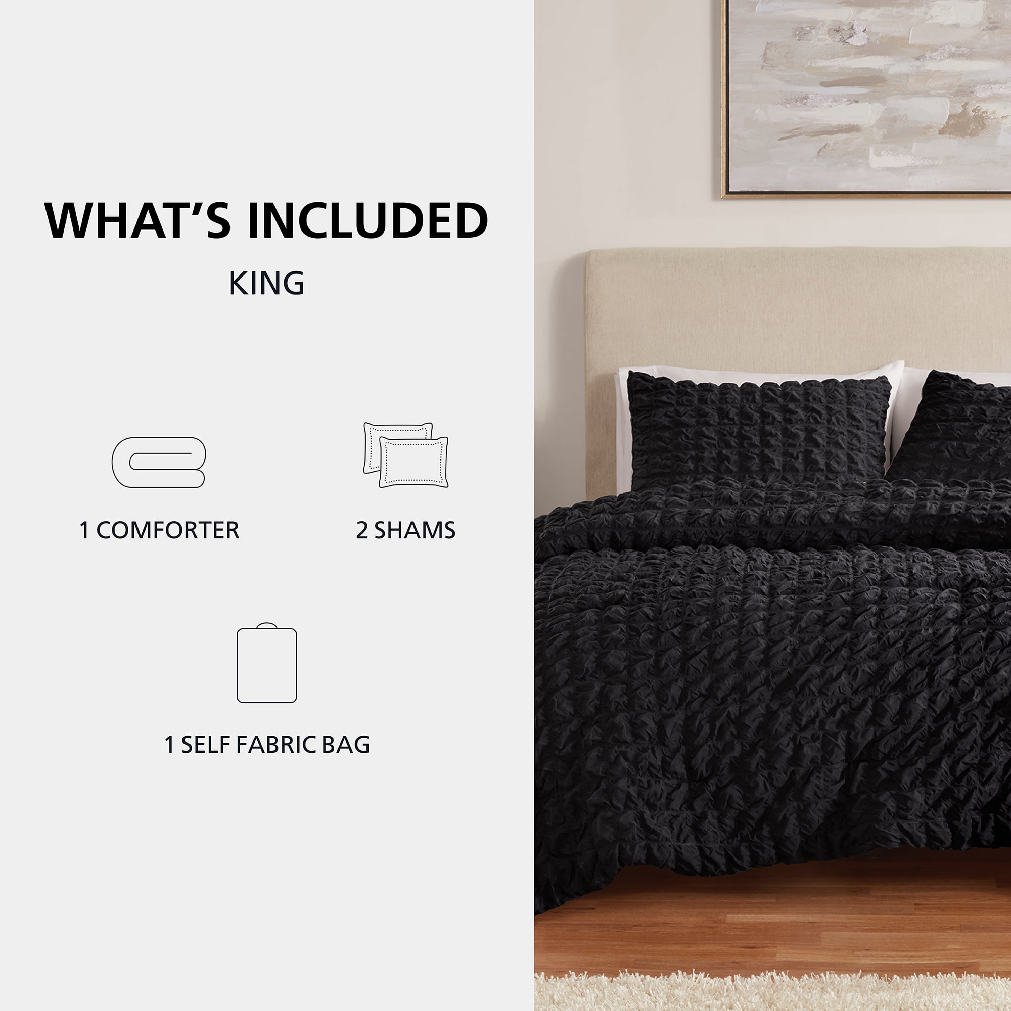 Mainstays King 3-Piece All-Season Comforter Set, Black Puffy Seersucker