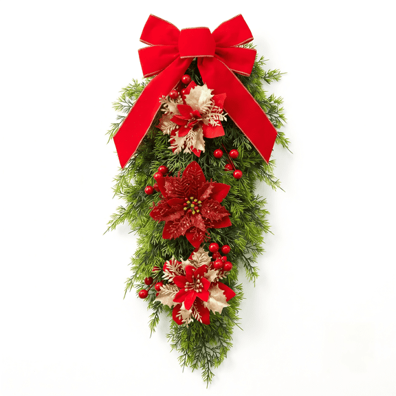 Christmas Wreath 24 inches Christmas Swag Wreath with Red Velvet Bow, Poinsettia Flowers & Red Berries, Artificial Green Pine Teardrop Swag Hanging Decor for Front Door, Wall Decoration