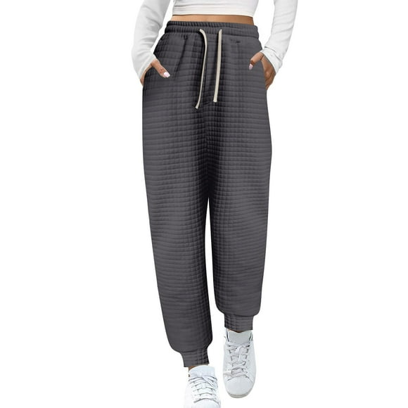Simua Women High Waist Wide Leg Long Waffle Pants Drawstring Loose Casual Cinch Bottom Trousers with Pockets