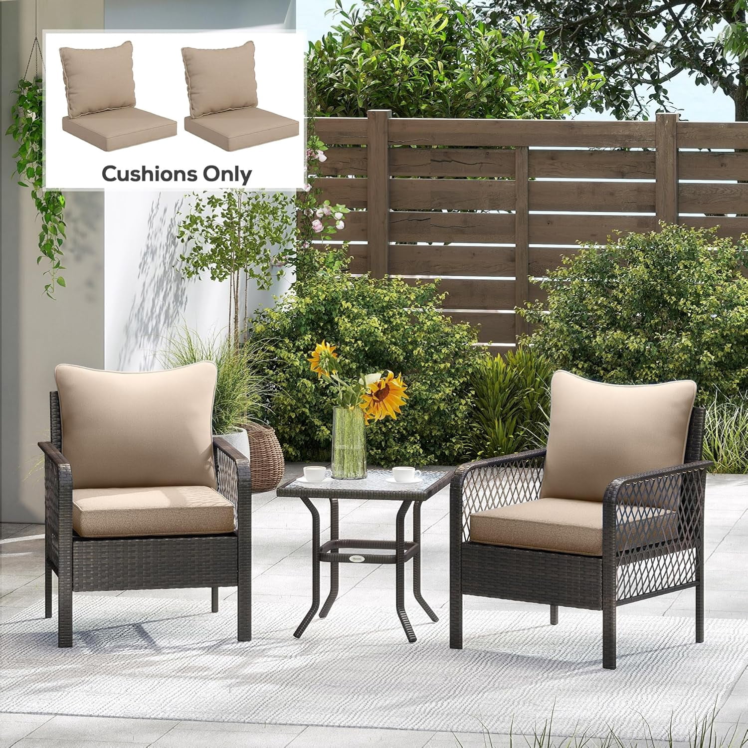 Outdoor Chair Cushions Set of 2, Fade Resistant, 24 x 24 in Deep Seat, Patio Cushions for Chair, Sofa, and Outdoor Furniture, Beige