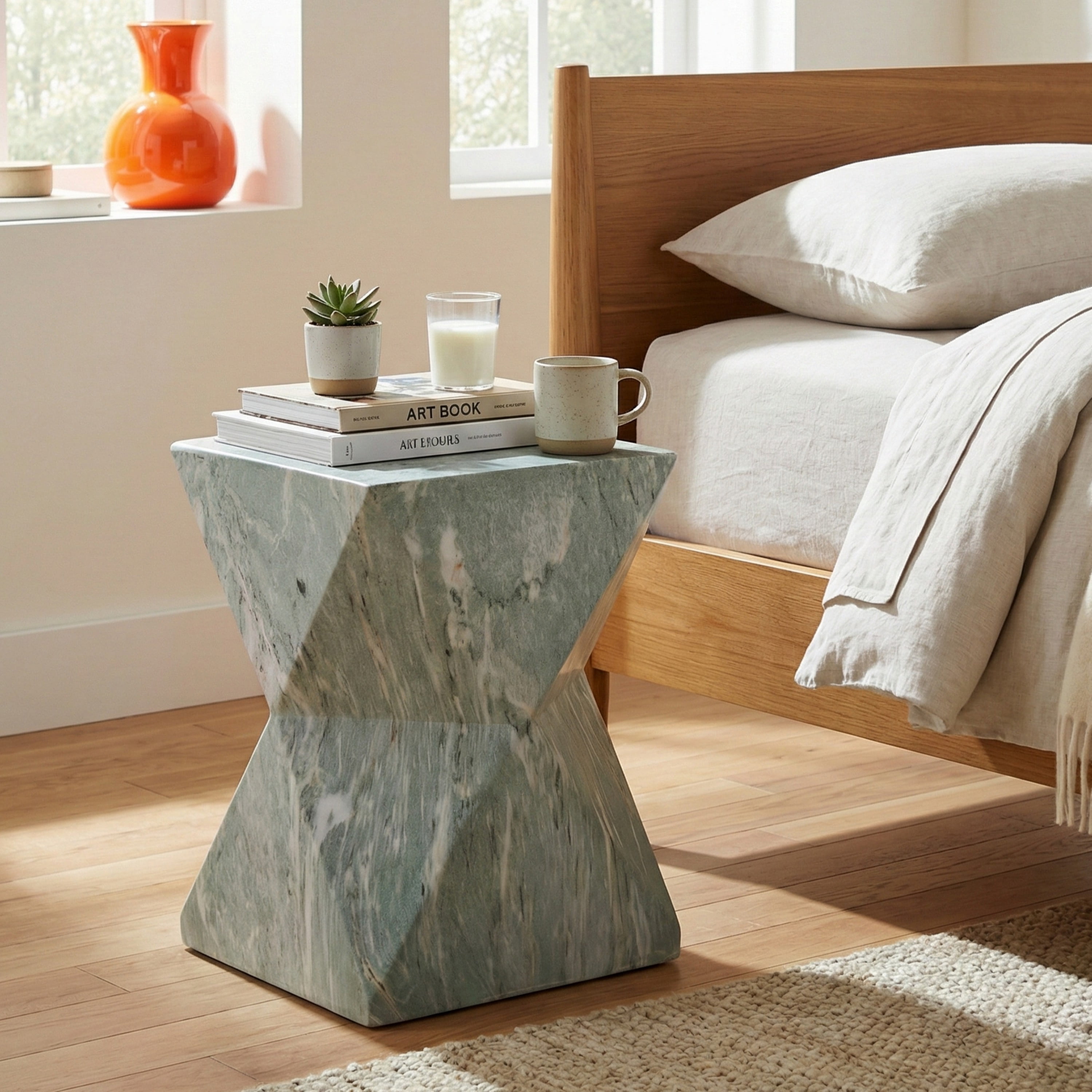 Mintazer 18.5"H Modern Geometric Hourglass MGO Side Table, Indoor & Outdoor Sculptural Accent End Table Plant Stool for Living Room Bedroom Patio Garden, Green