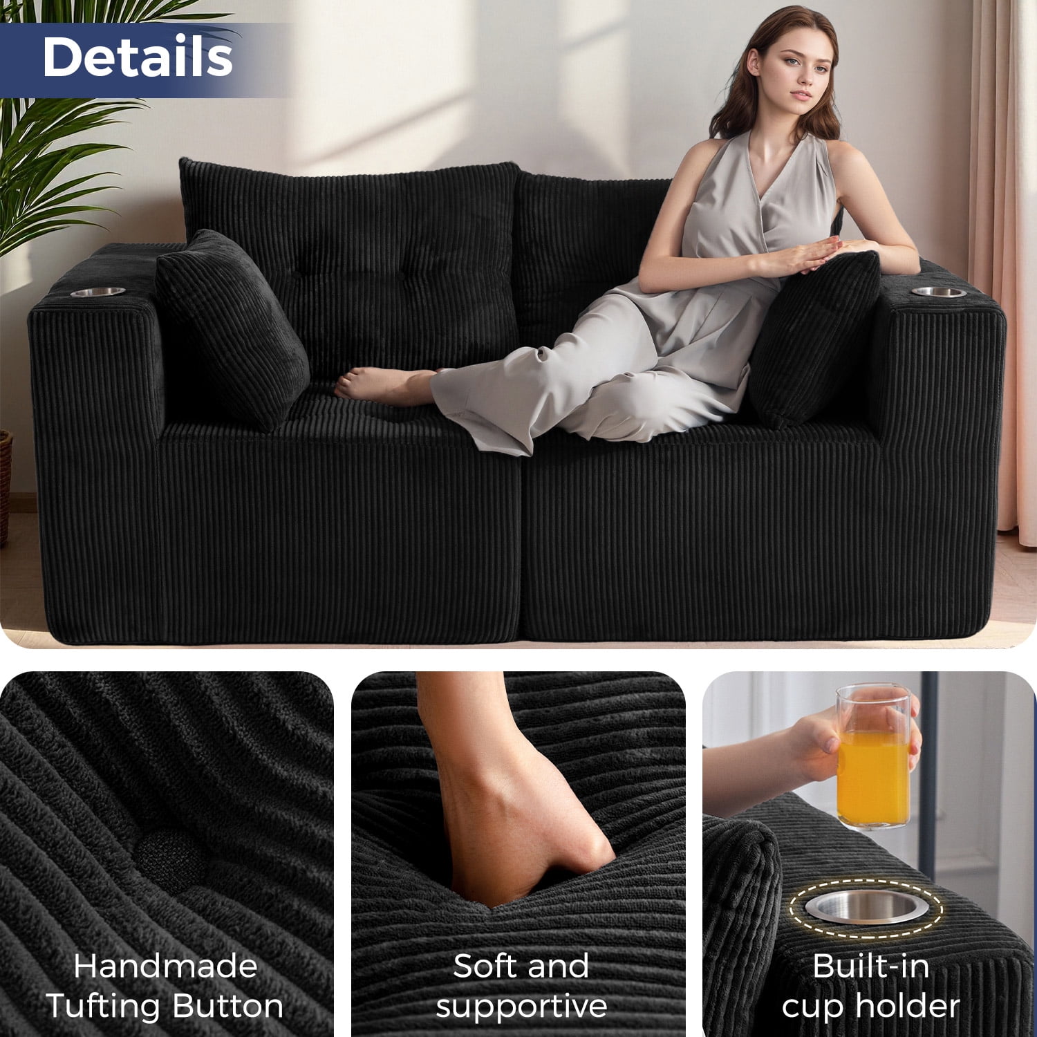 BYBYME 73"Oversized Loveseat Couch,2 Seat Sectional Corduroy Tufted Sofa,Upholstered Symmetrical Cloud Couch with Double Chaise,Wrap Around Sofa for Living Room Apartment Office,Sofa in A Box,Black