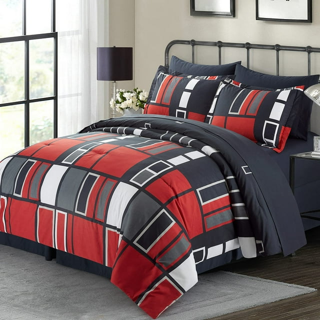Juego de cama ARTALL King de 8 piezas, microfibra a cuadros negros y rojos