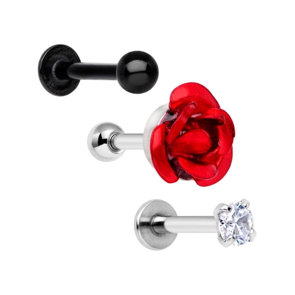 Body Candy 16G Black Anodized Steel 3PC Tragus Earring Women Helix Red Rose Cartilage Stud Earring Set 1/4"