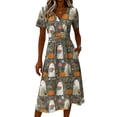 thumbnail image 4 of Halloween Vacation Dresses for Women Casual Midi Dress V Neck Short Sleeve A Line with Halloween Print Fall Halloween Party Daily Outfit, 4 of 5