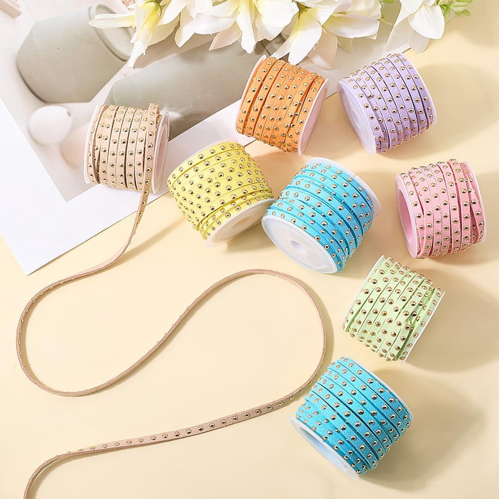 43.7 Yards Studded Suede Cord 8 Colors Flat Microfiber Leather Rope Trim 5mm Lace Beading String Strips Ribbon with Golden Punk Rivets for Jewelry Making Necklaces Bracelets DIY Crafts