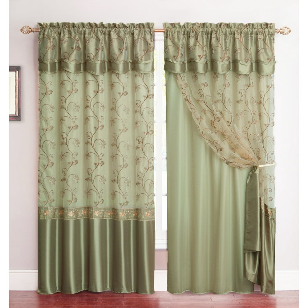 AllinOne Sage Green Window Curtain Drapery Panel DoubleLayer, Solid Color Back with