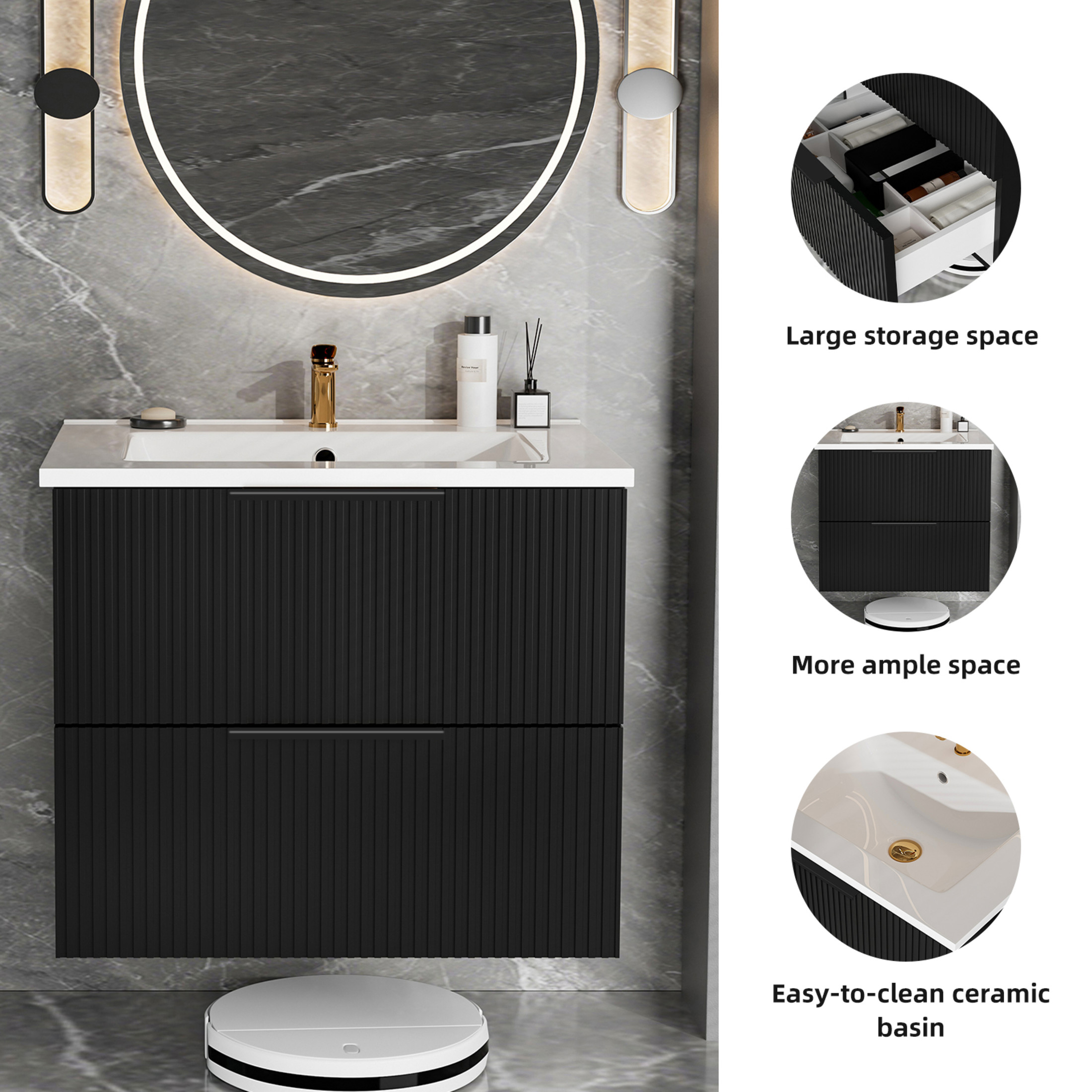 Noble House 24" Wall Mounted Floating Bathroom Vanity with Sink, 2 Drawers, Modern Cabinet, Matte Black
