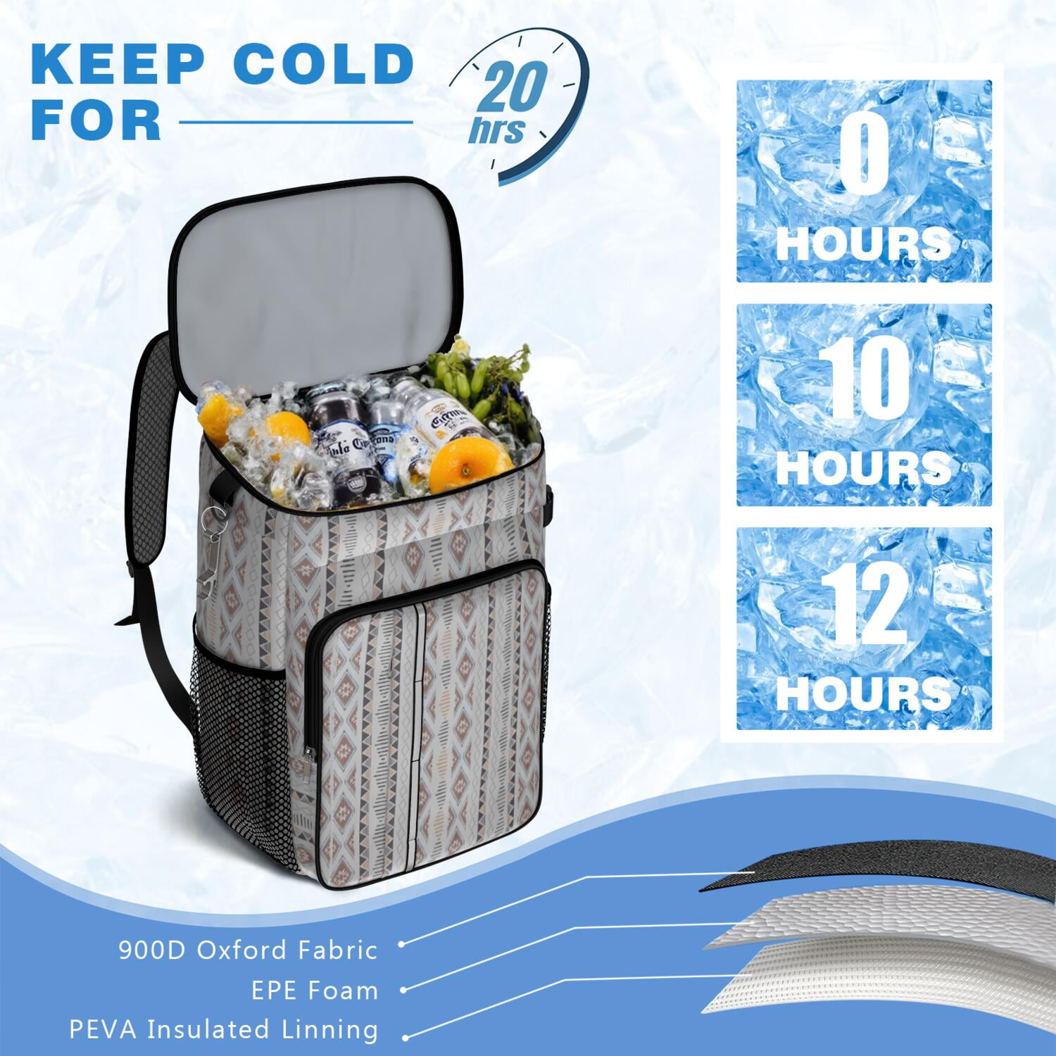 Travel Cooler Bag - Boho Bohemia Pioneer Flower Geometric Line Art Camping Beer Cooler Backpack with Bottle Opener- Waterproof Insulated Picnic Backpacks - Cooler Bag for Beach